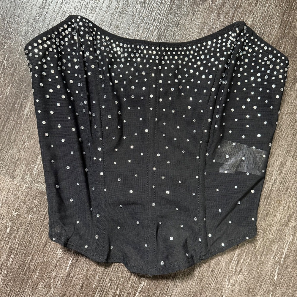 Edikted Rhinestone Mesh Corset Top Womens Small Black Strapless Zip Y2K Glam